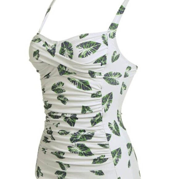 TROPICAL PALM LEAF MONOKINI RUCHED TUMMY ONE PIECE SWIMSUIT - Picture 4 of 12